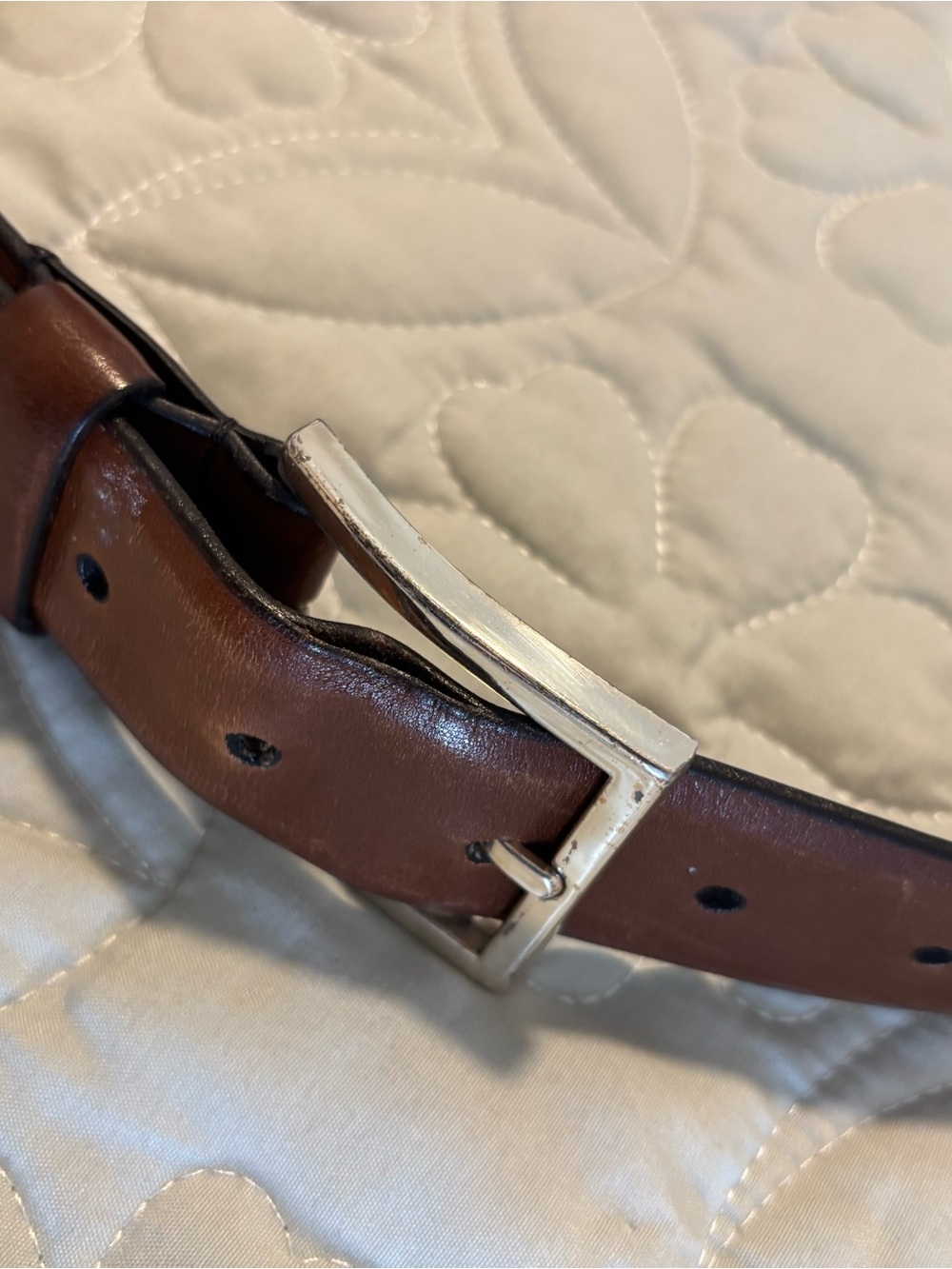 Allen Edmonds Brown Leather Belt with Silver-Tone Rectangular Buckle